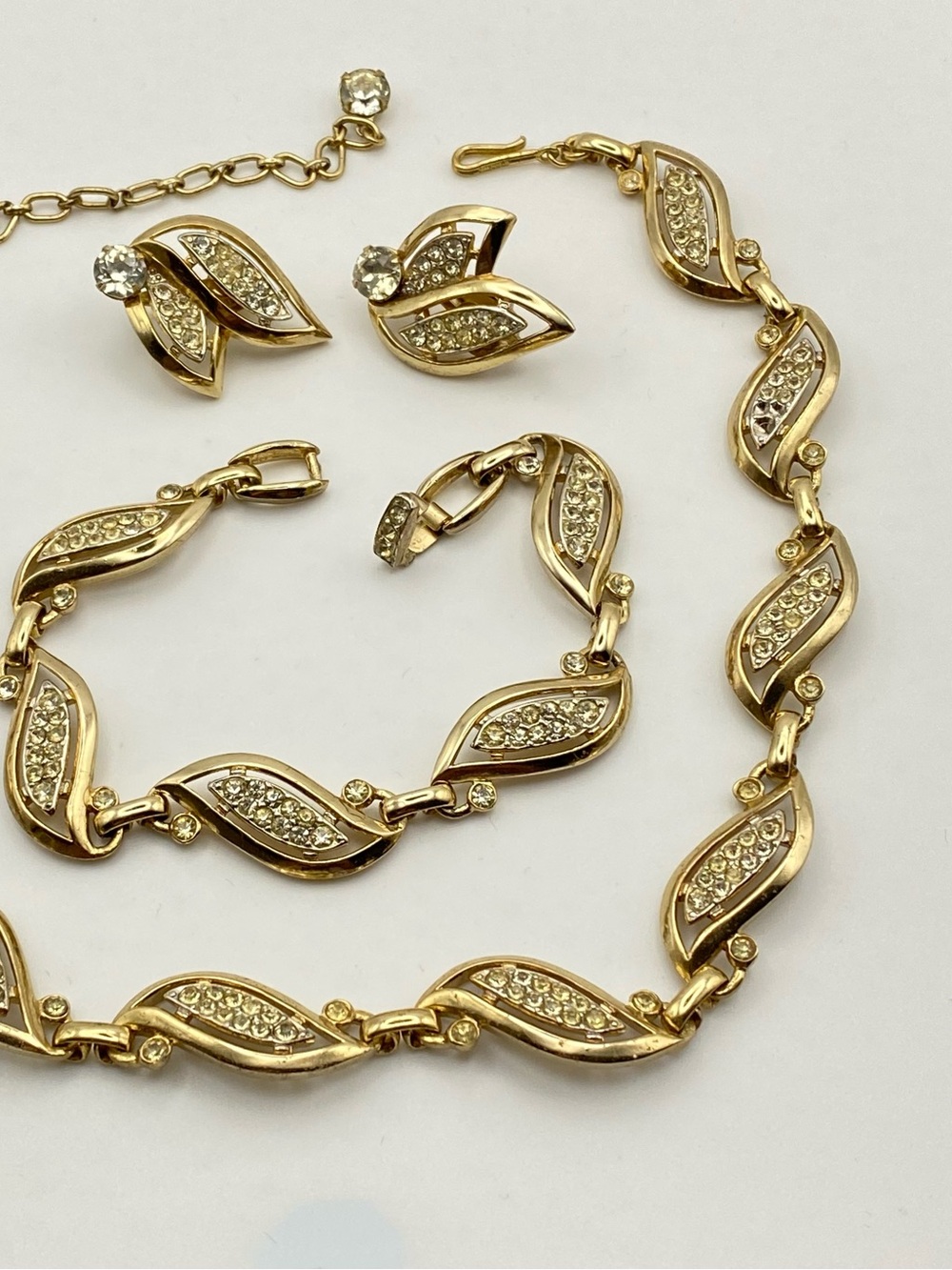 Kramer 3 piece SET Gold-Tone Crystal Marquise Link Necklace Bracelet Earrings